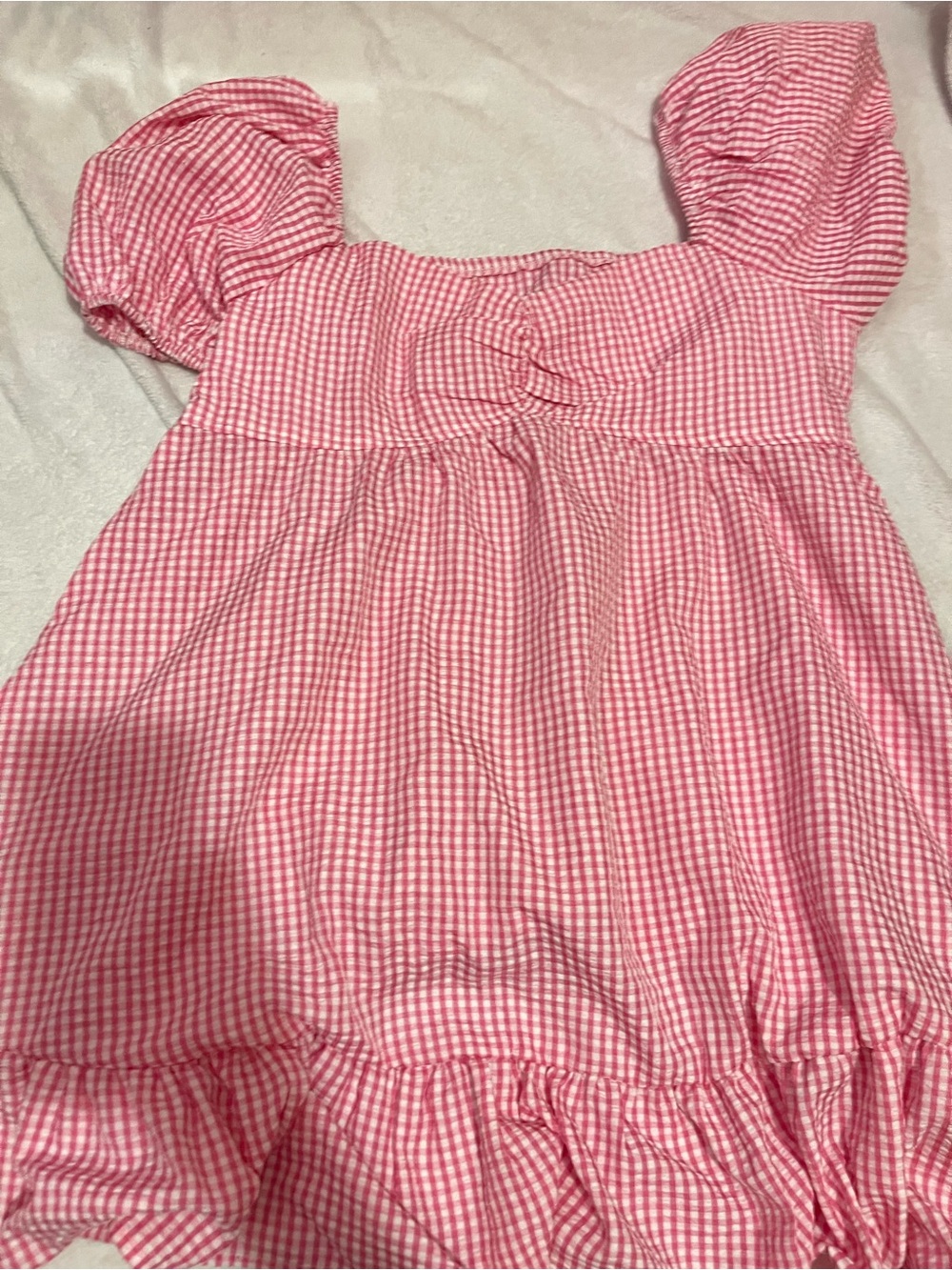 Girls Pink Gingham Puff-Sleeve Tank Top